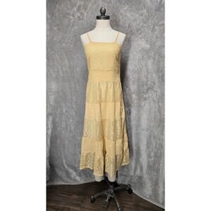 ManhattanBlues Women Small Yellow Tiered Lace Midi Dress Cottage Coquette Preppy